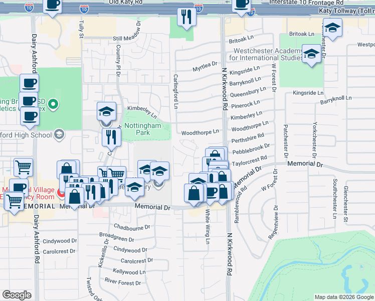 map of restaurants, bars, coffee shops, grocery stores, and more near 33-48 Perthshire Road in Houston