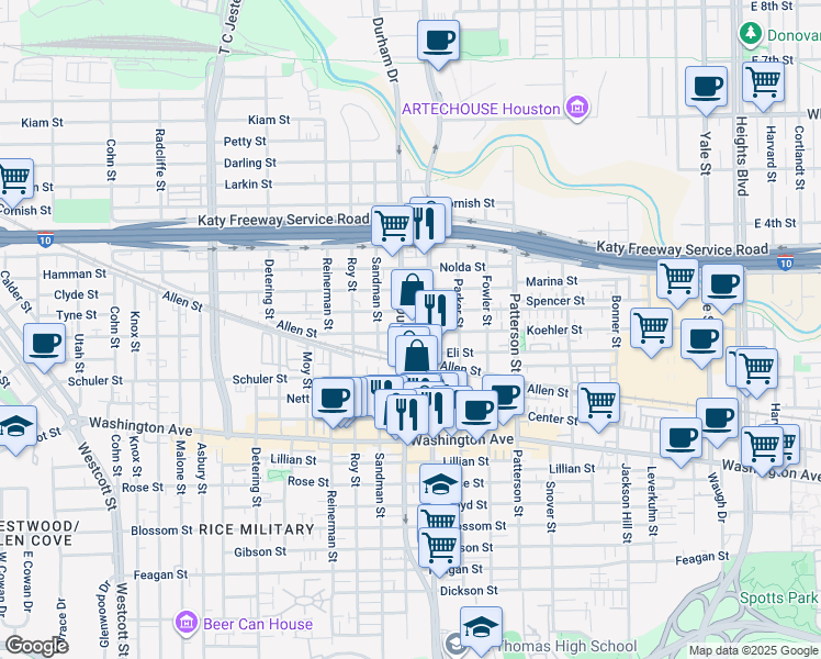 map of restaurants, bars, coffee shops, grocery stores, and more near 4820 Eli Street in Houston