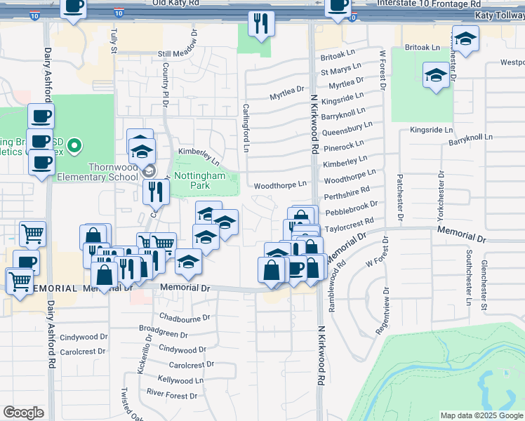 map of restaurants, bars, coffee shops, grocery stores, and more near 791 Bateswood Drive in Houston