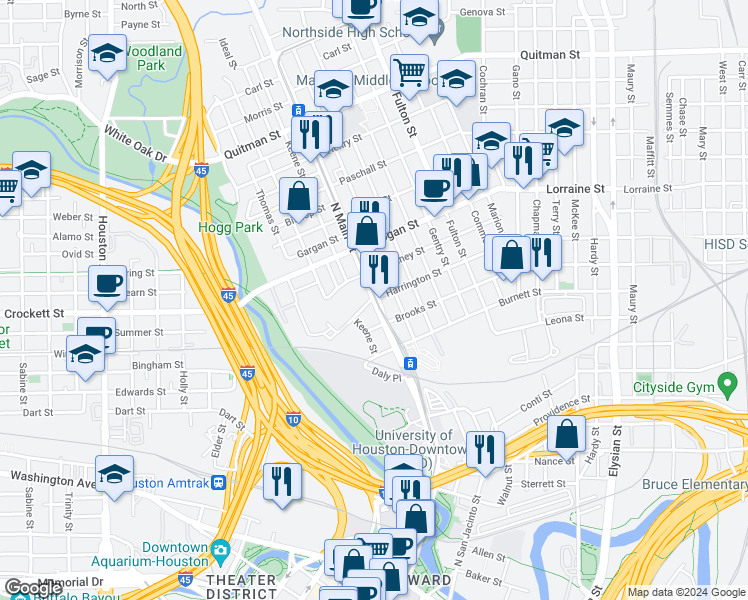 map of restaurants, bars, coffee shops, grocery stores, and more near 1625 North Main Street in Houston