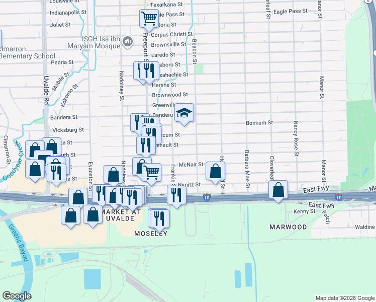 map of restaurants, bars, coffee shops, grocery stores, and more near 14031 Garber Lane in Houston