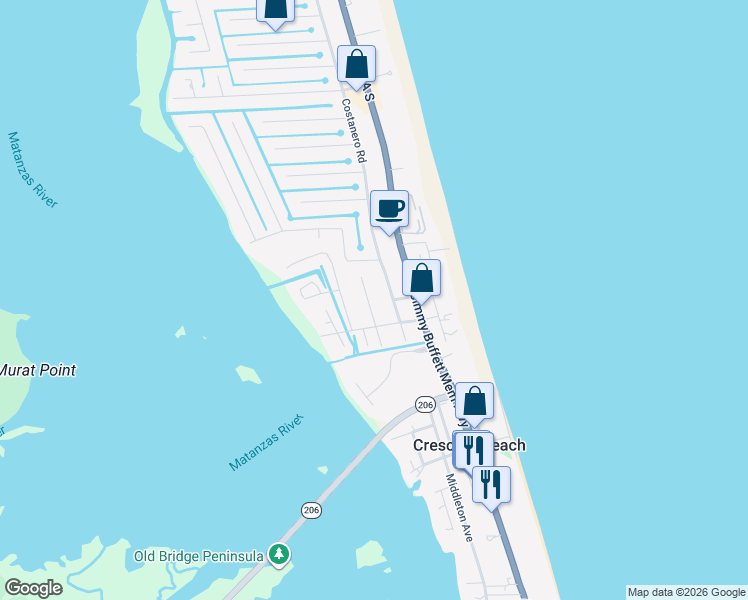 map of restaurants, bars, coffee shops, grocery stores, and more near 6428 Brevard Street in St. Augustine
