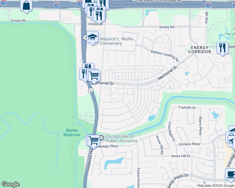 map of restaurants, bars, coffee shops, grocery stores, and more near Fleetwood Place Drive in Houston