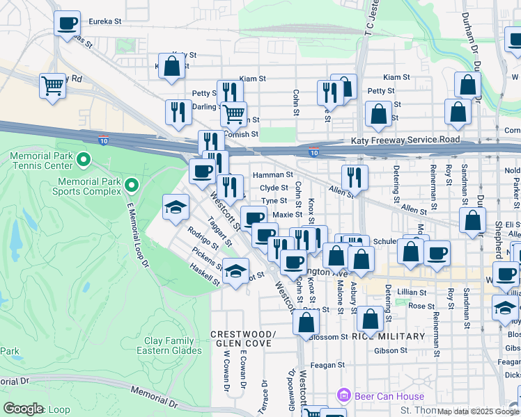 map of restaurants, bars, coffee shops, grocery stores, and more near 6120 Maxie Street in Houston