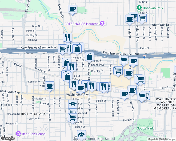 map of restaurants, bars, coffee shops, grocery stores, and more near 4502 Maxie Street in Houston