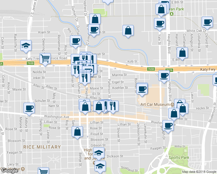 map of restaurants, bars, coffee shops, grocery stores, and more near 4502 Maxie Street in Houston