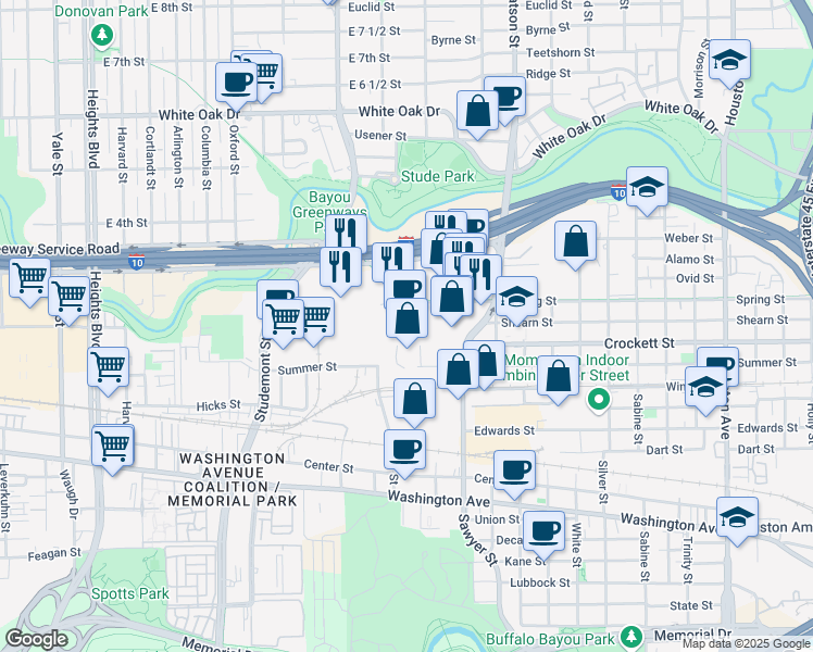 map of restaurants, bars, coffee shops, grocery stores, and more near 2580 Shearn Street in Houston