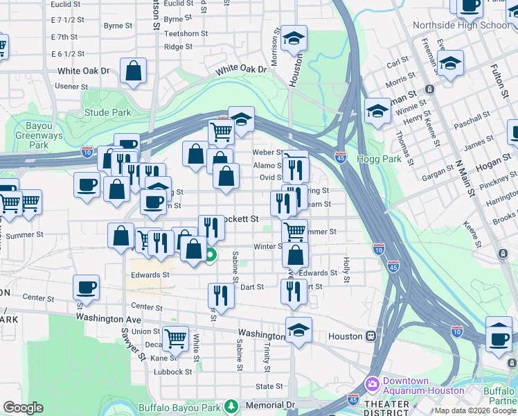 map of restaurants, bars, coffee shops, grocery stores, and more near 1617 Spring Street in Houston