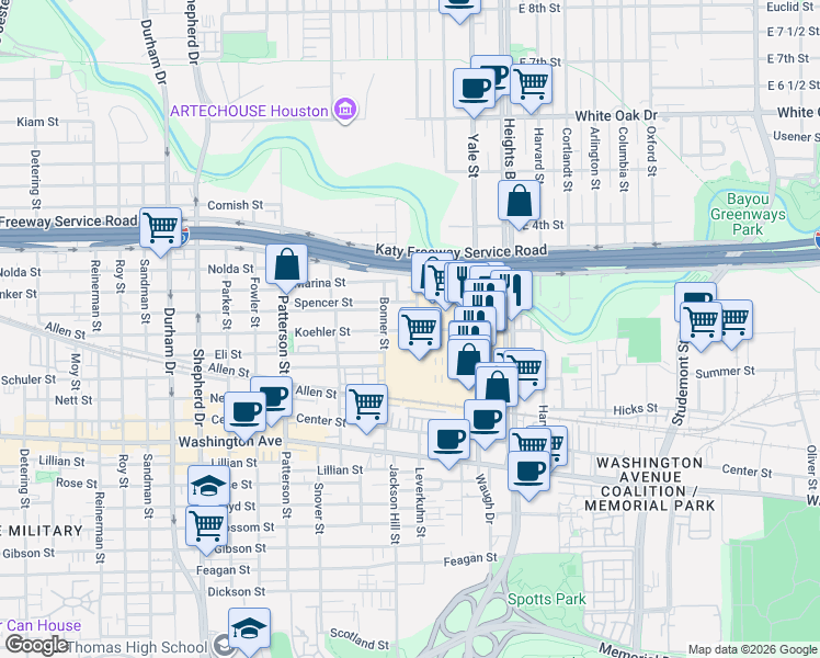 map of restaurants, bars, coffee shops, grocery stores, and more near 4040 Koehler Street in Houston