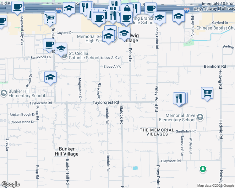 map of restaurants, bars, coffee shops, grocery stores, and more near 742 Blalock Road in Houston