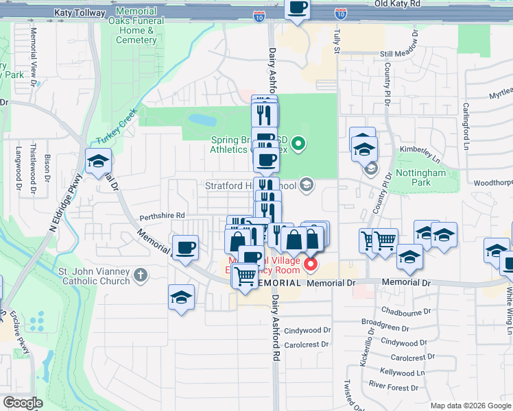 map of restaurants, bars, coffee shops, grocery stores, and more near 845 Dairy Ashford Road in Houston