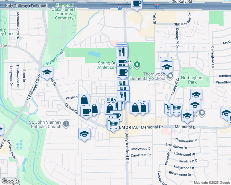 map of restaurants, bars, coffee shops, grocery stores, and more near 14682 Perthshire Road in Houston