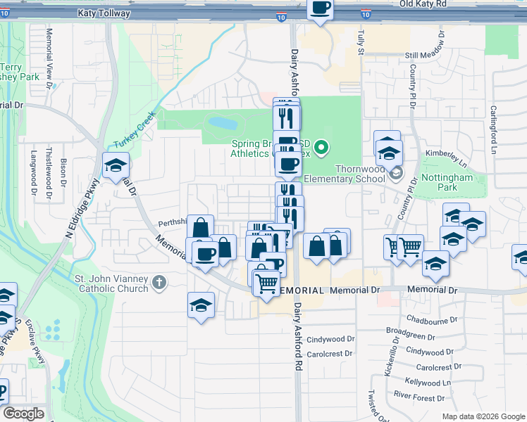 map of restaurants, bars, coffee shops, grocery stores, and more near 14682 Perthshire Road in Houston
