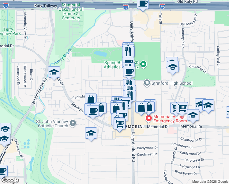 map of restaurants, bars, coffee shops, grocery stores, and more near 14682 Perthshire Road in Houston