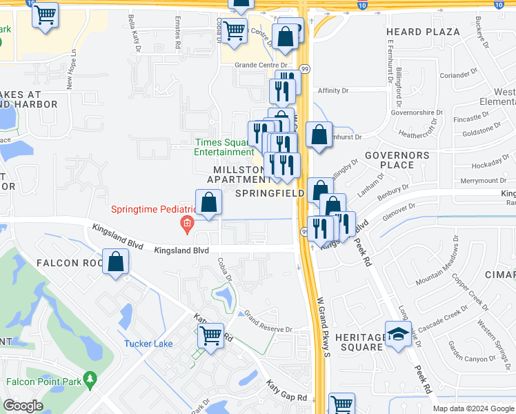 map of restaurants, bars, coffee shops, grocery stores, and more near 410 West Grand Parkway South in Katy