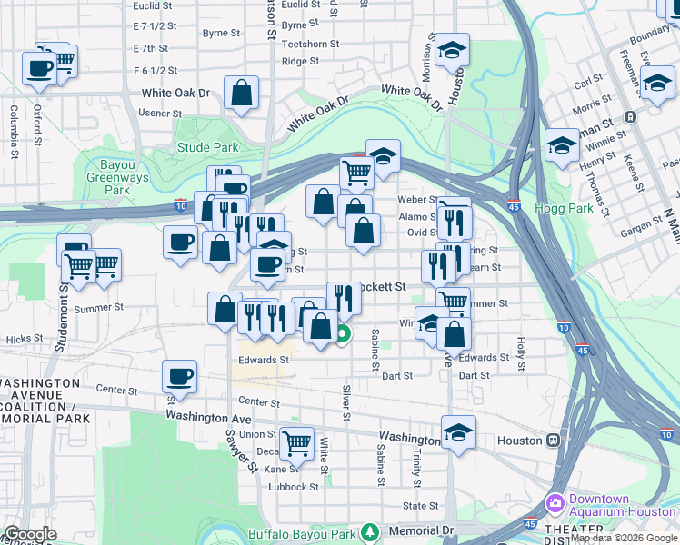 map of restaurants, bars, coffee shops, grocery stores, and more near 1911 Shearn Street in Houston