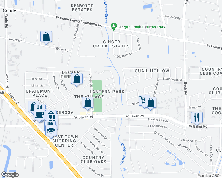 map of restaurants, bars, coffee shops, grocery stores, and more near 3408 Lantern Lane in Baytown