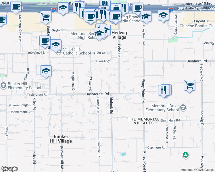 map of restaurants, bars, coffee shops, grocery stores, and more near 742 Blalock Road in Houston