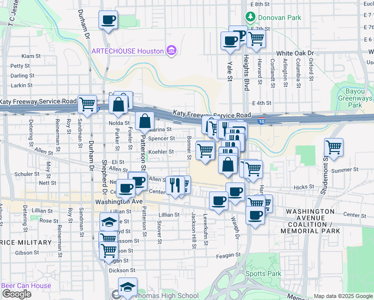 map of restaurants, bars, coffee shops, grocery stores, and more near 1505 Bonner Street in Houston