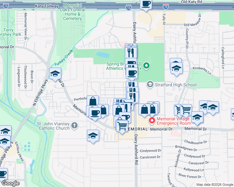 map of restaurants, bars, coffee shops, grocery stores, and more near 14682 Perthshire Road in Houston