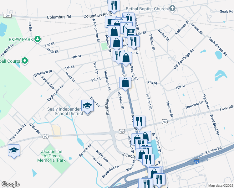map of restaurants, bars, coffee shops, grocery stores, and more near 907 Atchison Street in Sealy