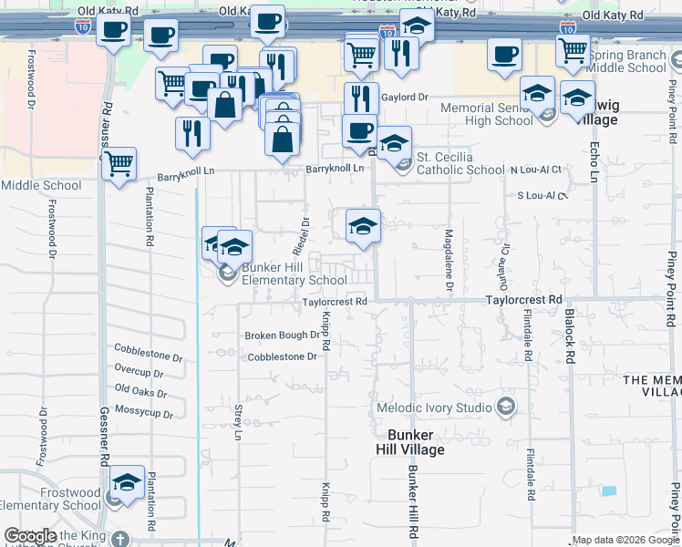 map of restaurants, bars, coffee shops, grocery stores, and more near 9 Gage Court in Houston