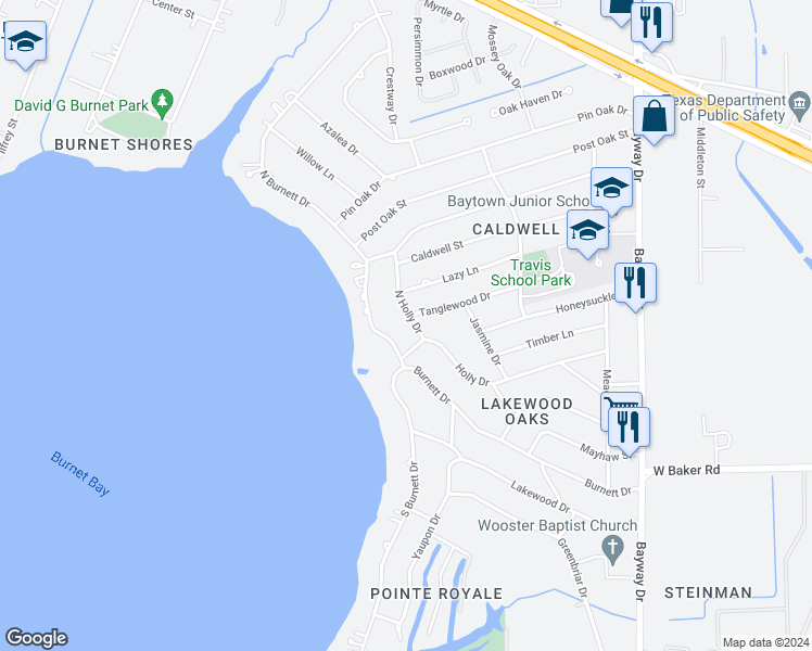 map of restaurants, bars, coffee shops, grocery stores, and more near 104 North Holly Drive in Baytown
