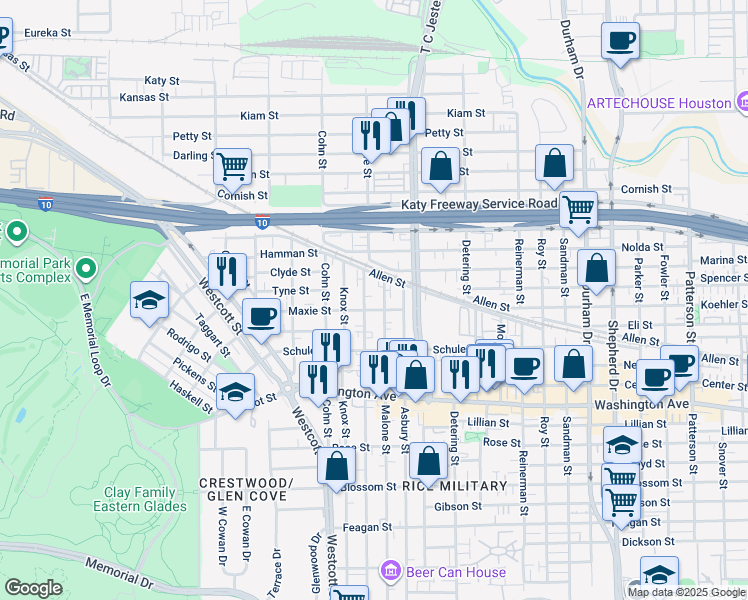 map of restaurants, bars, coffee shops, grocery stores, and more near 1537 Malone Street in Houston