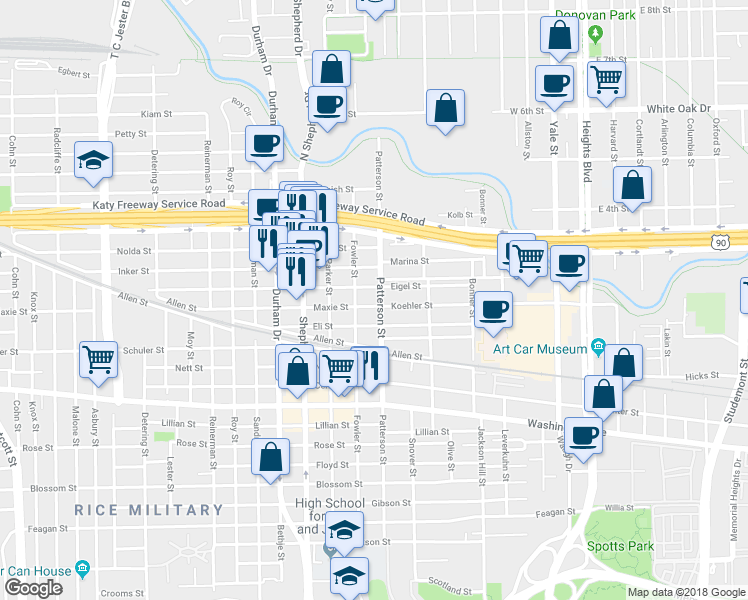 map of restaurants, bars, coffee shops, grocery stores, and more near 4506 Maxie Street in Houston