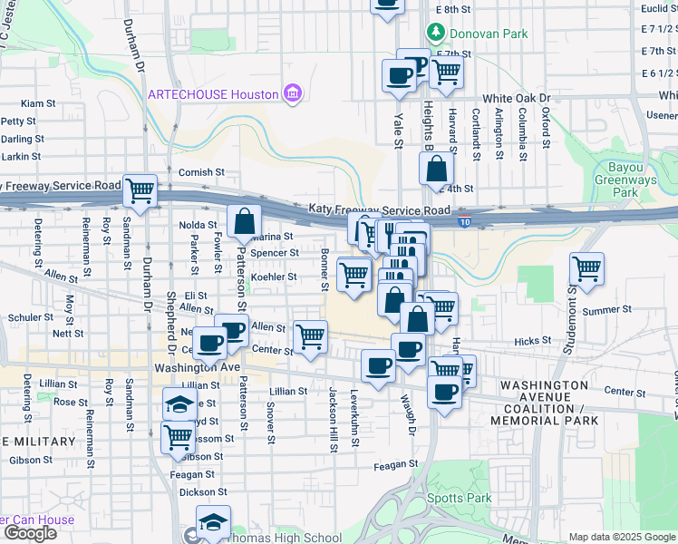 map of restaurants, bars, coffee shops, grocery stores, and more near 4020 Koehler Street in Houston