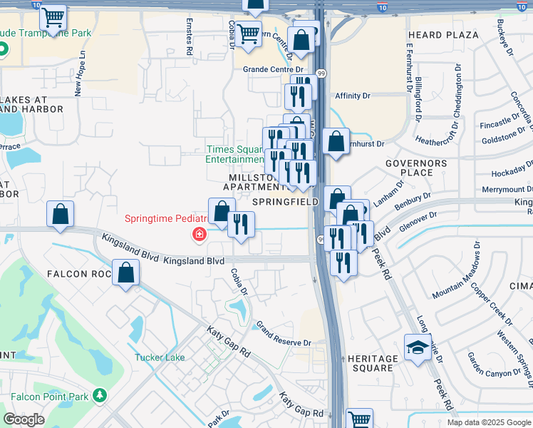 map of restaurants, bars, coffee shops, grocery stores, and more near Unnamed Road in Katy