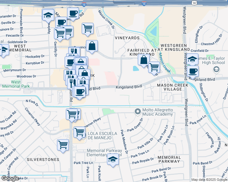map of restaurants, bars, coffee shops, grocery stores, and more near Mason Park Blvd in Katy