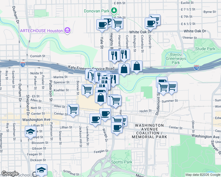 map of restaurants, bars, coffee shops, grocery stores, and more near 121 East 2nd Street in Houston