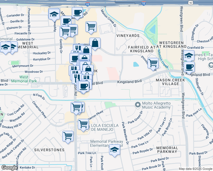 map of restaurants, bars, coffee shops, grocery stores, and more near 21685 Kingsland Boulevard in Katy