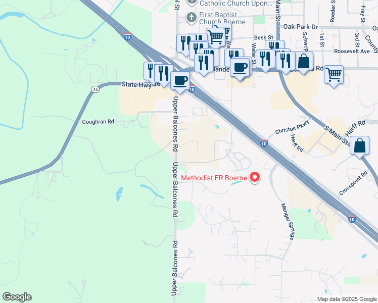 map of restaurants, bars, coffee shops, grocery stores, and more near 15A Upper Balcones Road in Boerne
