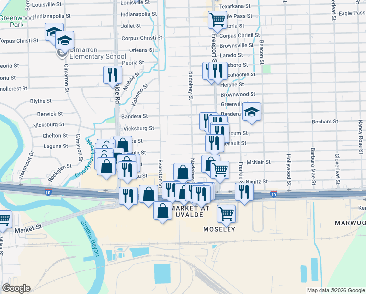 map of restaurants, bars, coffee shops, grocery stores, and more near 13740 Duncum Street in Houston