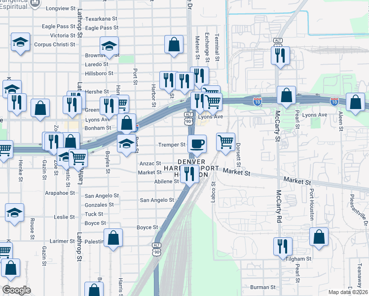 map of restaurants, bars, coffee shops, grocery stores, and more near 1401 North Wayside Drive in Houston