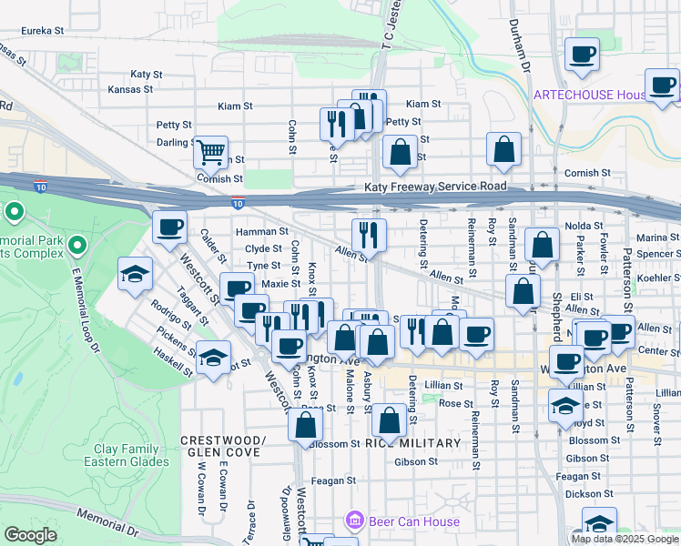 map of restaurants, bars, coffee shops, grocery stores, and more near 1537 Malone Street in Houston