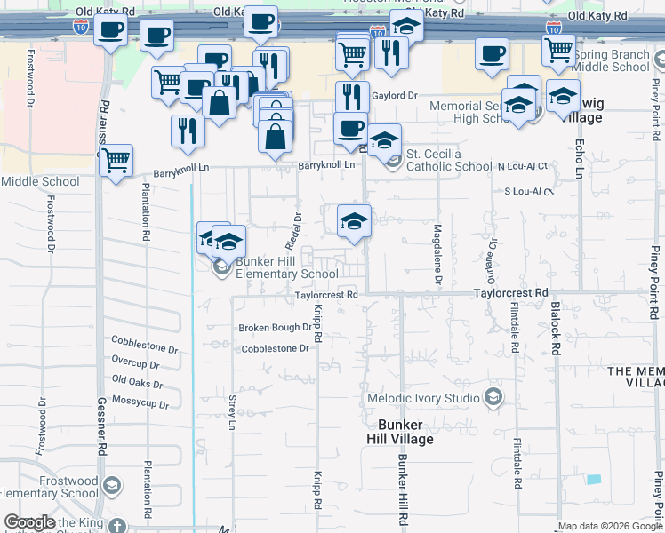 map of restaurants, bars, coffee shops, grocery stores, and more near 9 Gage Court in Houston