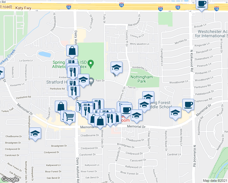 map of restaurants, bars, coffee shops, grocery stores, and more near 13 Fern Drive in Houston