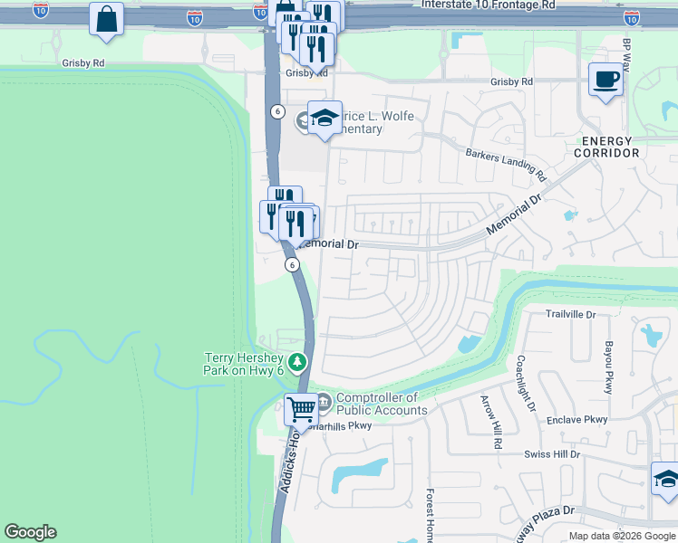 map of restaurants, bars, coffee shops, grocery stores, and more near 15906 Bayou River Court in Houston