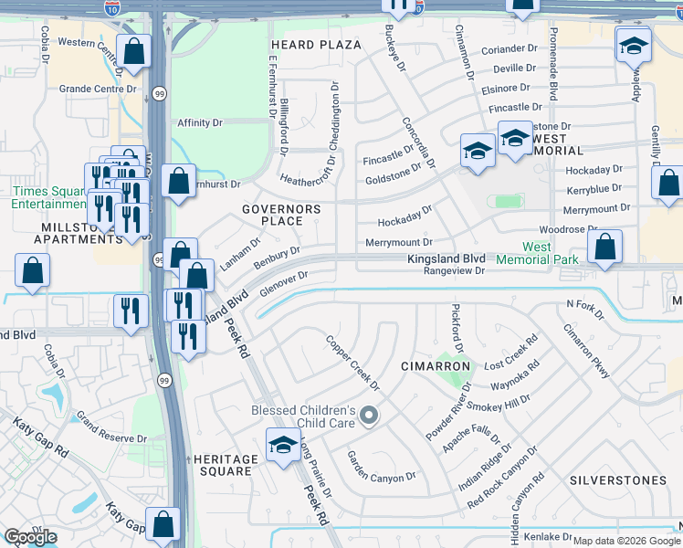 map of restaurants, bars, coffee shops, grocery stores, and more near 22902 Glenover Drive in Katy
