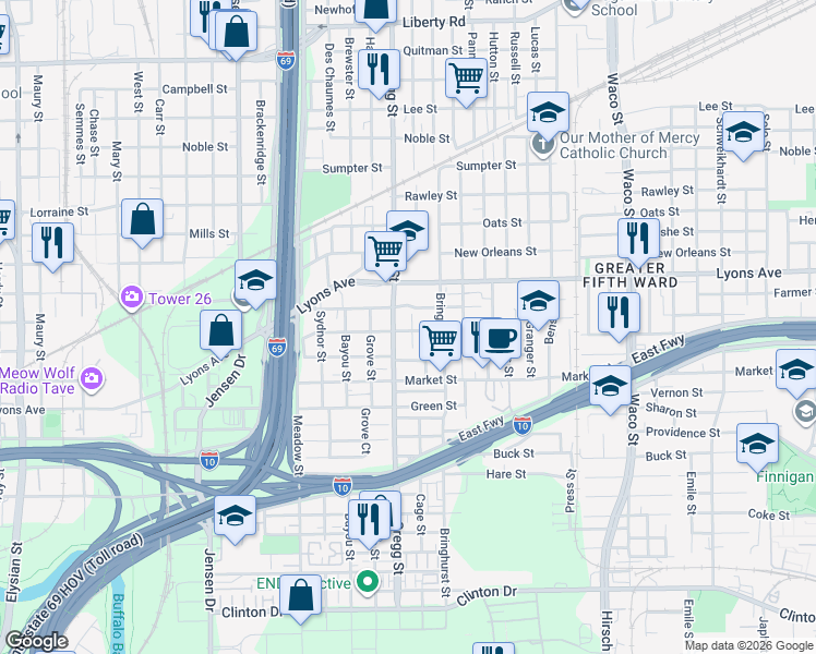 map of restaurants, bars, coffee shops, grocery stores, and more near 1516 Gregg Street in Houston