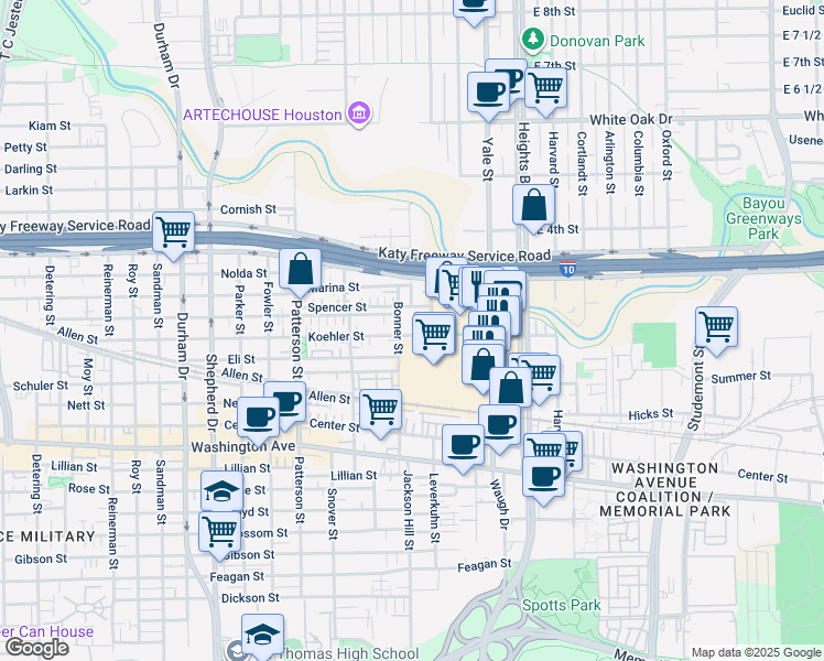 map of restaurants, bars, coffee shops, grocery stores, and more near 4040 Koehler Street in Houston