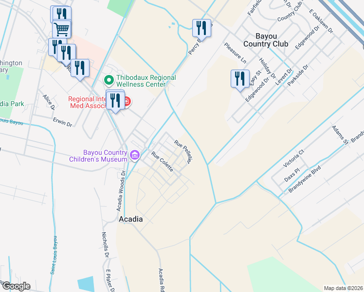 map of restaurants, bars, coffee shops, grocery stores, and more near Rue Pelletier in Thibodaux