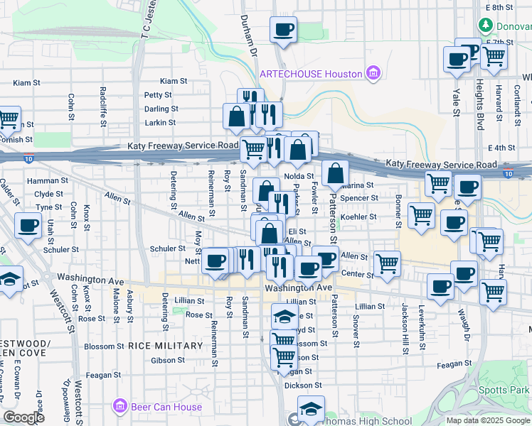 map of restaurants, bars, coffee shops, grocery stores, and more near 4822 Eigel Street in Houston