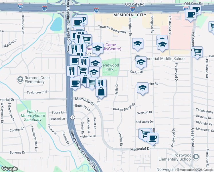 map of restaurants, bars, coffee shops, grocery stores, and more near 623 Bendwood Drive in Houston