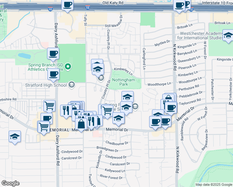 map of restaurants, bars, coffee shops, grocery stores, and more near 14333 Fern Drive in Houston