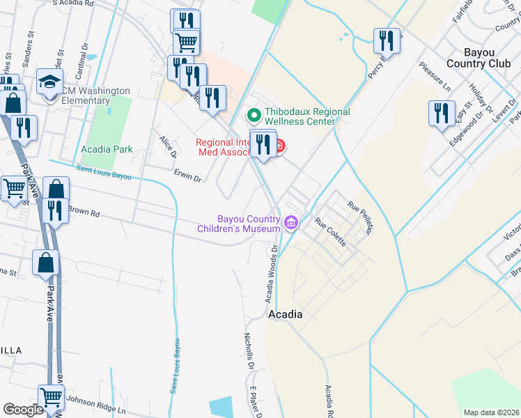 map of restaurants, bars, coffee shops, grocery stores, and more near S Acadia Rd in Thibodaux