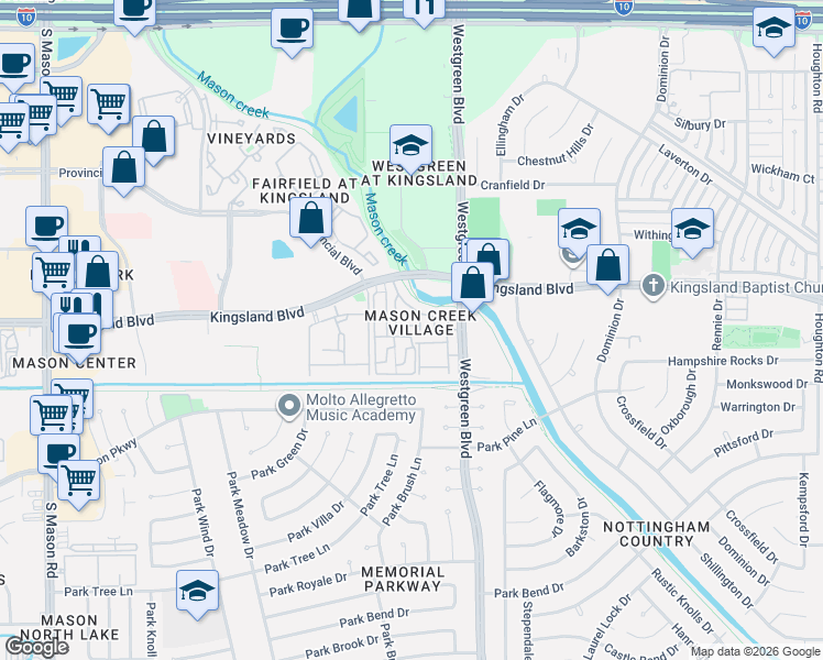 map of restaurants, bars, coffee shops, grocery stores, and more near 21007 Sun Creek Drive in Katy
